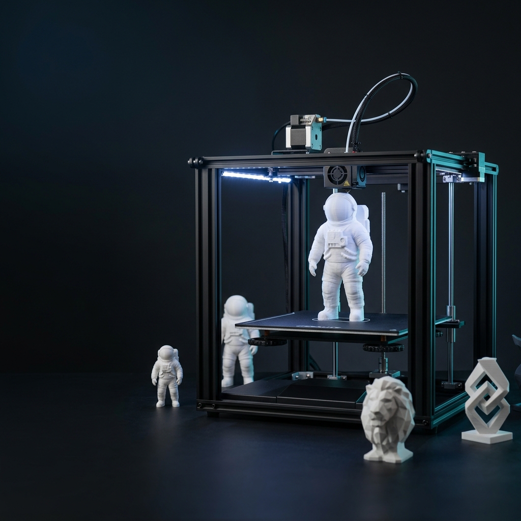Impresora 3D Ender 5 Plus imprimiendo una figura, rodeada de piezas terminadas